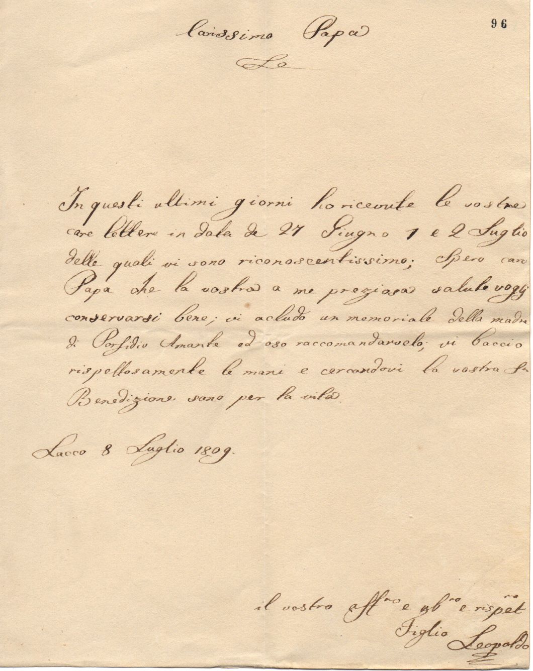 LEOPOLDO — Autograph Letter Signed 'Your most affectionate and obedient and respectful son Leopoldo' in Italian with translation, to 'Dearest Papa', | Sophie Dupré Autographs
