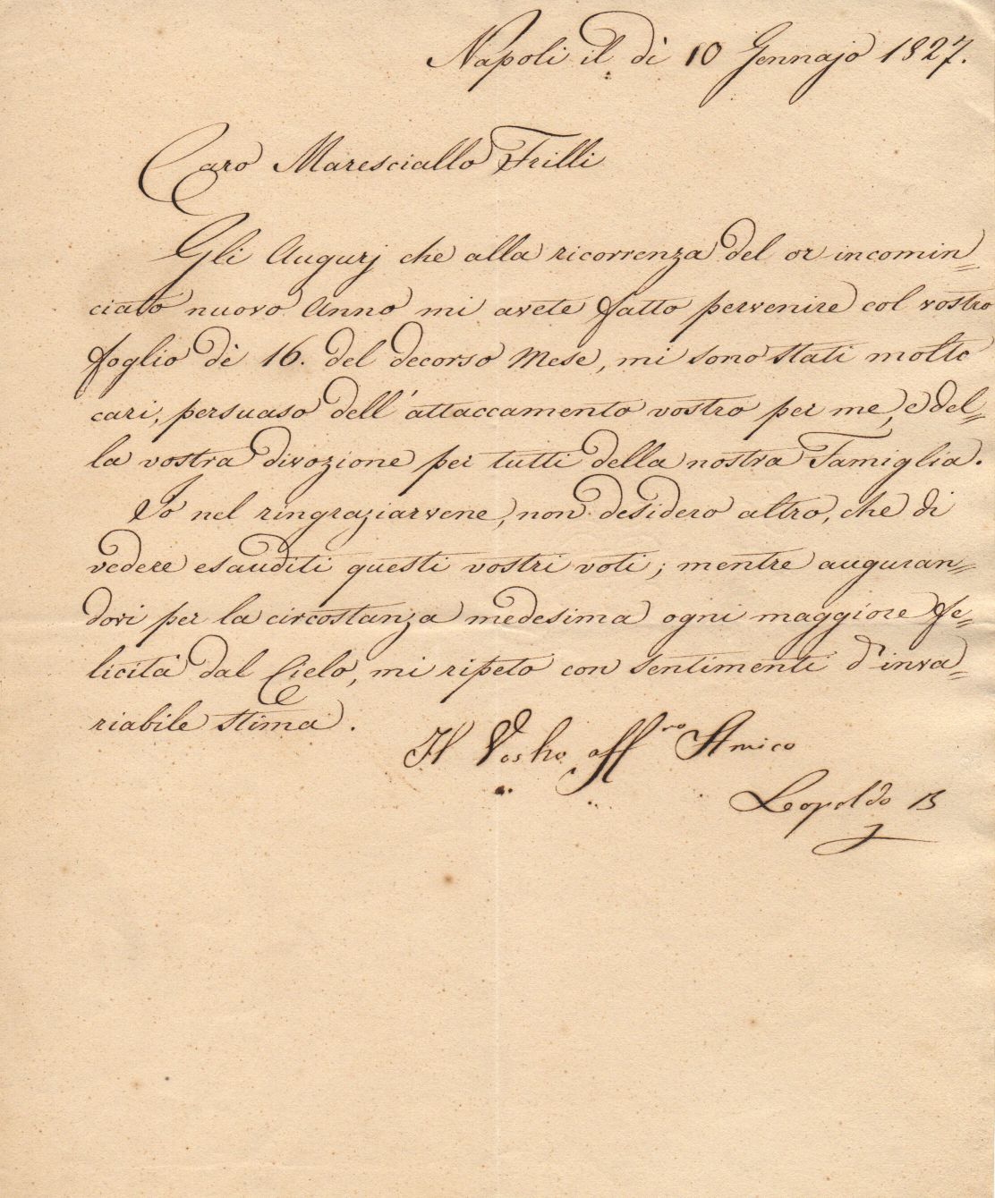 LEOPOLDO — LS 'Your most affectionate friend Leopoldo B' in Italian with translation, to Marshal Frilli, | Sophie Dupré Autographs