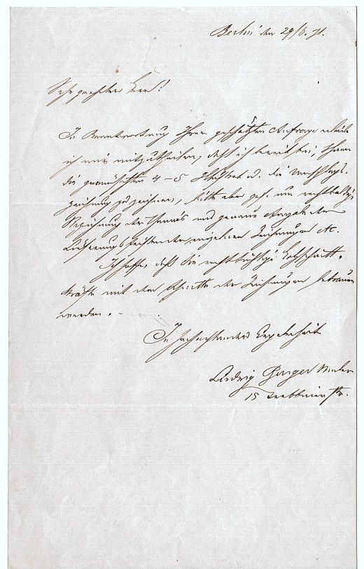 BURGER — Autograph Letter Signed 'Ludwig Burger, Artist' in German (with translation) to his publishers, | Sophie Dupré Autographs