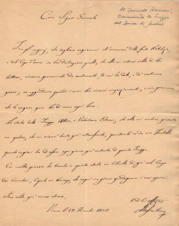 MAXIMILIAN — Autograph Letter Signed 'Massimiliano' to General Stanziani, | Sophie Dupré Autographs