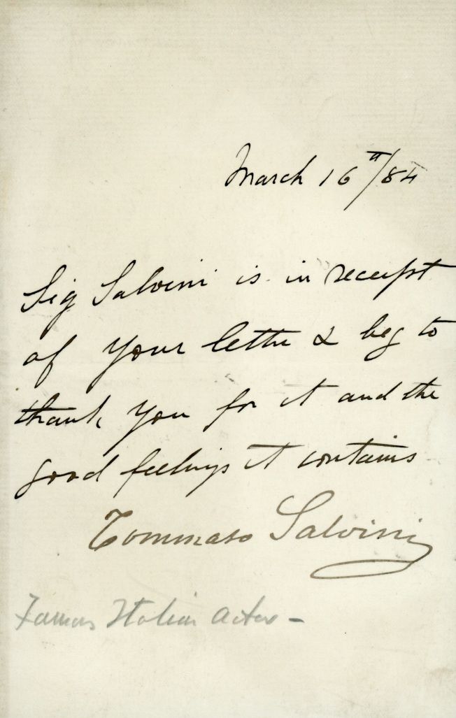 SALVINI — Autograph Letter Signed to an unnamed correspondent, | Sophie Dupré Autographs