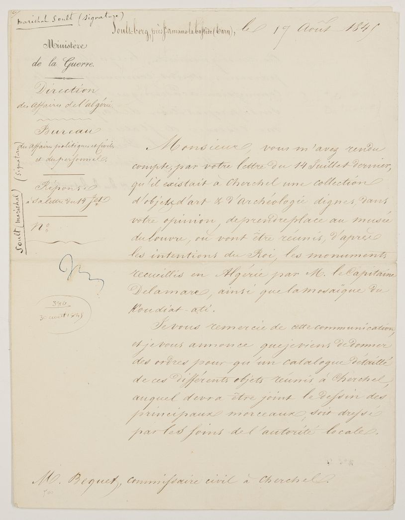 SOULT — Letter in French (with translation), signed 'M[aréch]al Duc de Dalmatie' as Minister of War to M. Bequet, Civil Commissary at Cherchel, Algeria, | Sophie Dupré Autographs