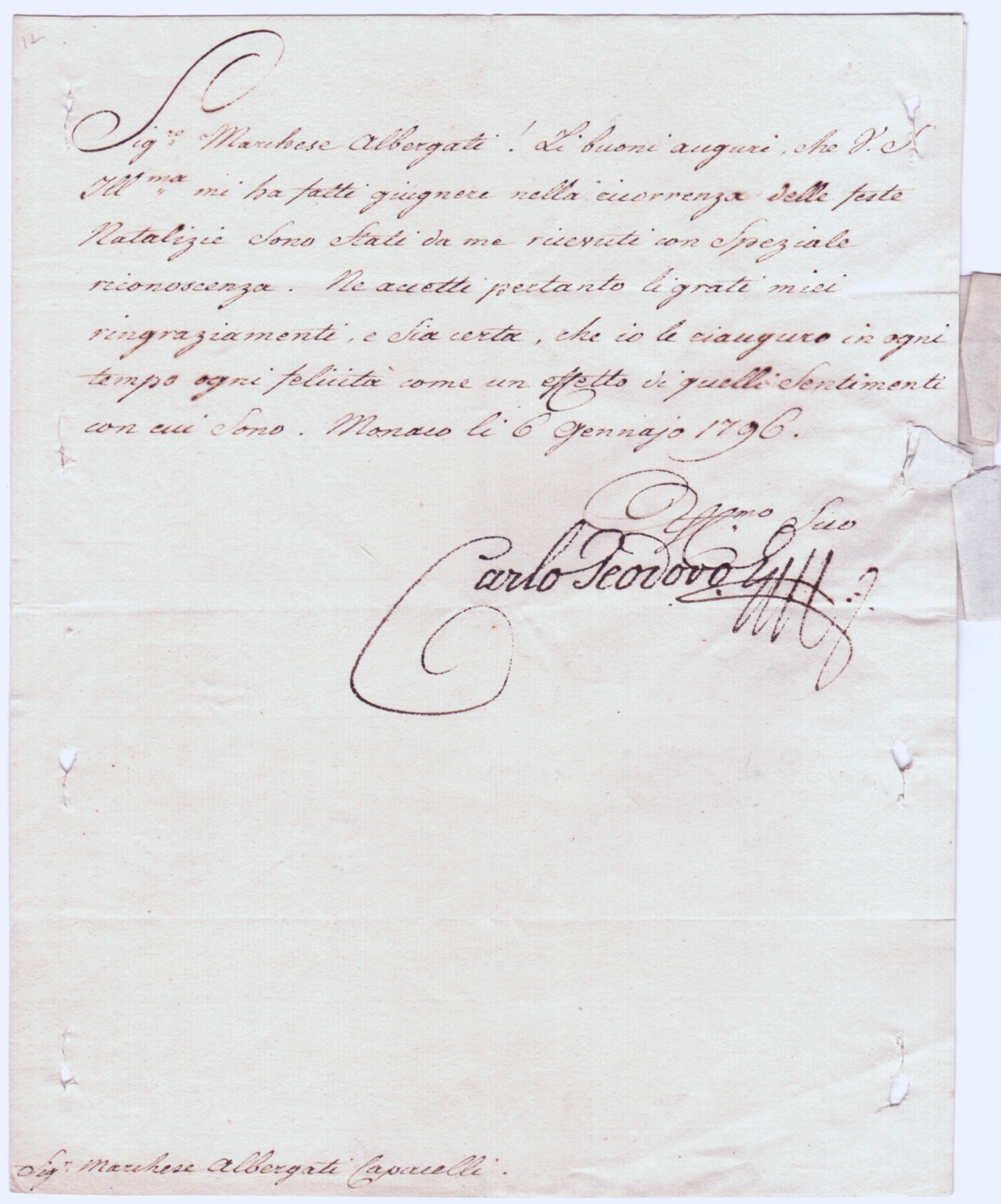 KARL THEODOR — Letter signed 'Carlo Teodoro E.' in Italian with translation, to the playwright  Marchese Francesco ALBERGATI CAPACELLI , | Sophie Dupré Autographs